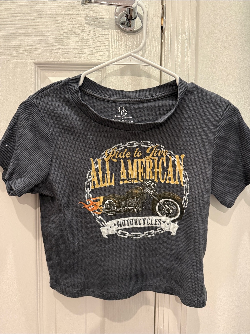 All American charcoal cropped Graphic Tee - Motorcycle Design. Size small